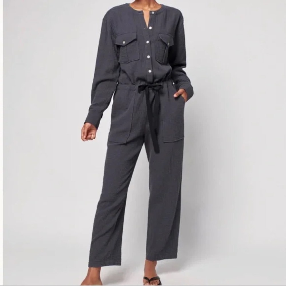 Faherty Faherty Dream Cotton Gauze Jumpsuit Organic Gray Drawstring Long Sleeve